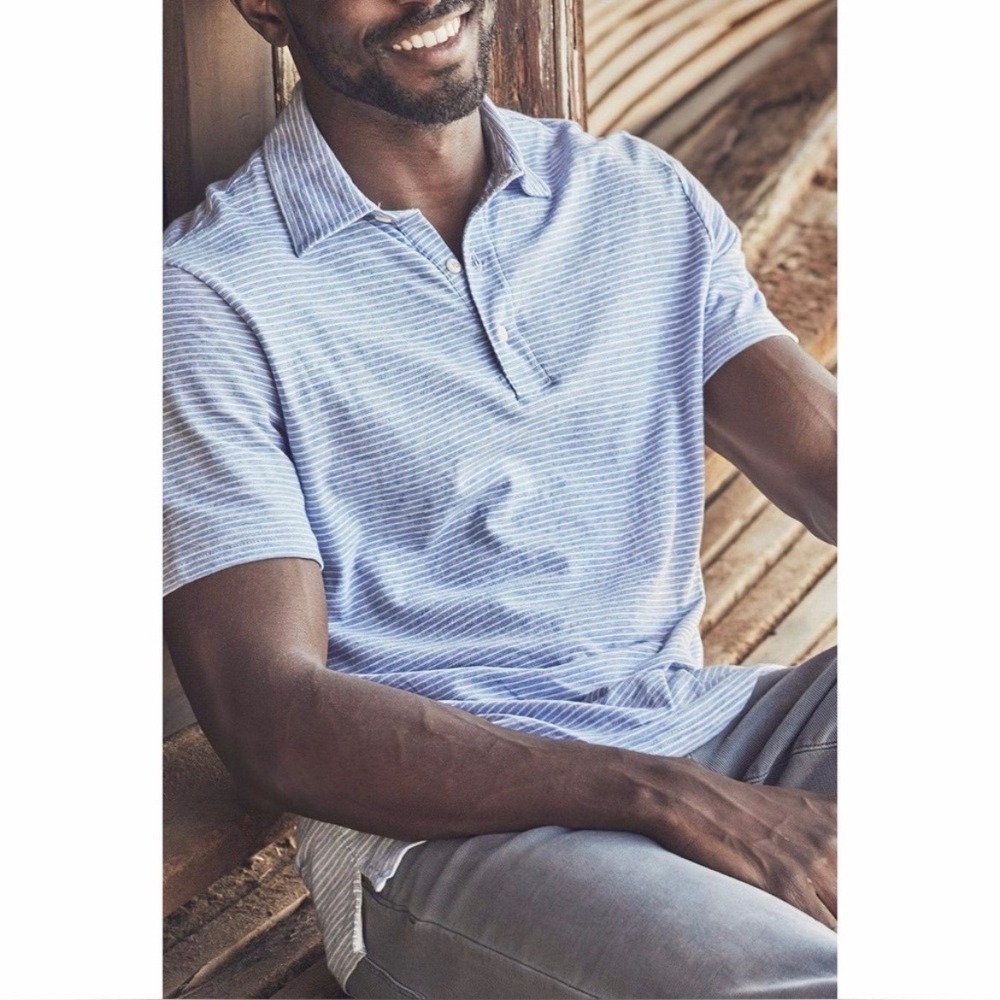 Faherty Isle Polo Mens Medium Light Blue White Striped Organic Cotton Shirt